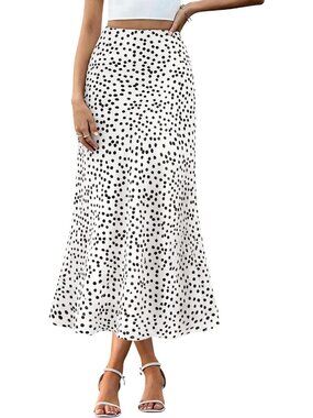 Women Polka Dot White Black High Waisted A-Line Silky Flowy Bias Cut Midi Skirt